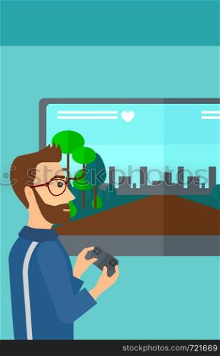 A hipster man with the beard playing video game with gamepad in hands vector flat design illustration. Vertical layout.. Man playing video game.