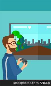 A hipster man with the beard playing video game with gamepad in hands vector flat design illustration. Vertical layout.. Man playing video game.