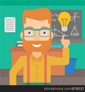 A hipster man with the beard pointing a finger at the light bulb on the background of classroom vector flat design illustration. Square layout.. Man pointing at light bulb.