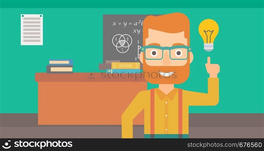 A hipster man with the beard pointing a finger at the light bulb on the background of classroom vector flat design illustration. Horizontal layout.. Man pointing at light bulb.