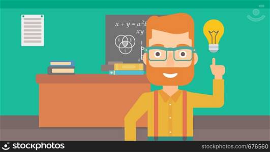 A hipster man with the beard pointing a finger at the light bulb on the background of classroom vector flat design illustration. Horizontal layout.. Man pointing at light bulb.