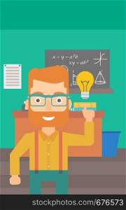 A hipster man with the beard pointing a finger at the light bulb on the background of classroom vector flat design illustration. Vertical layout.. Man pointing at light bulb.