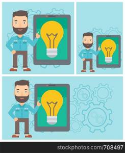 A hipster man with the beard pointing at a big tablet computer. Man standing near tablet computer with a light bulb on a screen. Vector flat design illustration. Square, horizontal, vertical layouts.. Man pointing at big tablet computer.