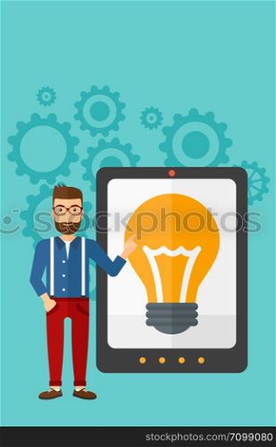 A hipster man with the beard pointing at a big tablet computer with a light bulb on a screen on a blue background with cogwheels vector flat design illustration. Vertical layout.. Man pointing at tablet computer with light bulb on screen.
