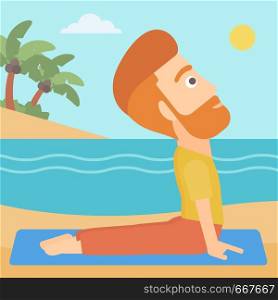 A hipster man with the beard practicing yoga upward dog pose on the beach vector flat design illustration. Square layout.. Man practicing yoga.