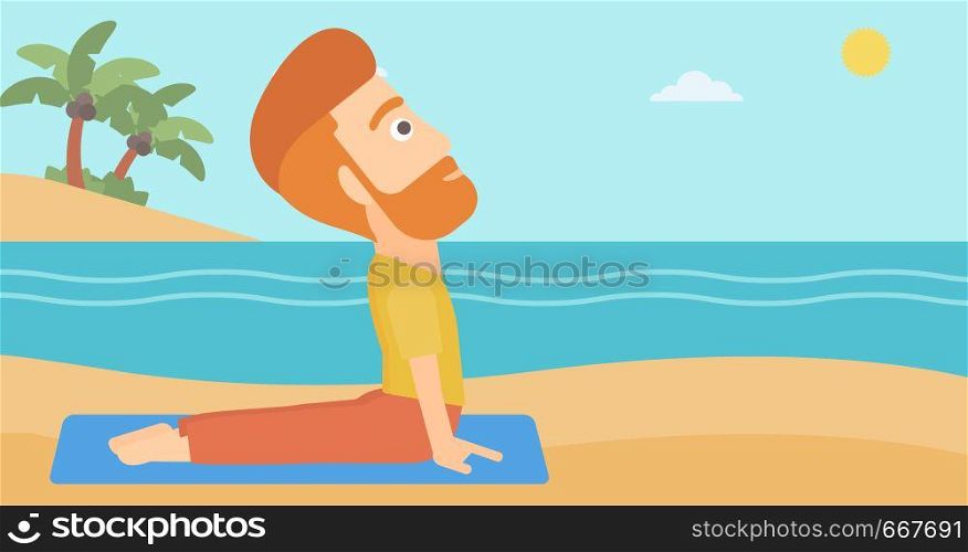 A hipster man with the beard practicing yoga upward dog pose on the beach vector flat design illustration. Horizontal layout.. Man practicing yoga.