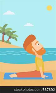 A hipster man with the beard practicing yoga upward dog pose on the beach vector flat design illustration. Vertical layout.. Man practicing yoga.