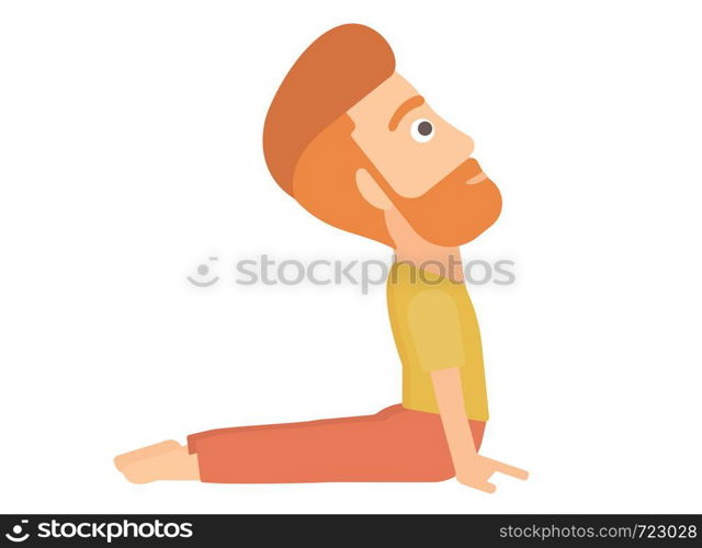 A hipster man with the beard practicing yoga upward dog pose vector flat design illustration isolated on white background.. Man practicing yoga.