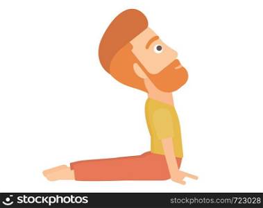 A hipster man with the beard practicing yoga upward dog pose vector flat design illustration isolated on white background.. Man practicing yoga.