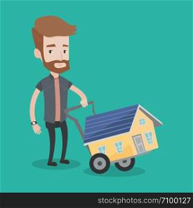 A hipster man with the beard pushing a shopping trolley with a house. Young smiling man buying home. Man using shopping trolley to transport house. Vector flat design illustration. Square layout.. Young man buying house vector illustration.