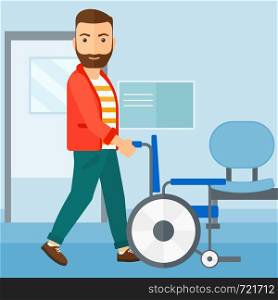 A hipster man with the beard pushing empty wheelchair on the background of hospital corridor vector flat design illustration. Square layout.. Man pushing wheelchair.