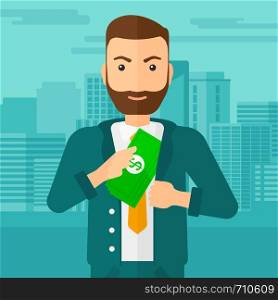 A hipster man with the beard putting money in his pocket on the background of modern city vector flat design illustration. Square layout.. Man putting money in pocket.