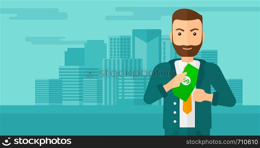 A hipster man with the beard putting money in his pocket on the background of modern city vector flat design illustration. Horizontal layout.. Man putting money in pocket.