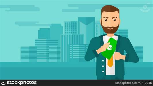 A hipster man with the beard putting money in his pocket on the background of modern city vector flat design illustration. Horizontal layout.. Man putting money in pocket.