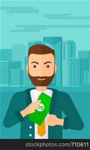 A hipster man with the beard putting money in his pocket on the background of modern city vector flat design illustration. Vertical layout.. Man putting money in pocket.