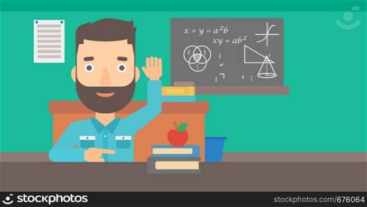 A hipster man with the beard raising his hand while sitting at the table on the background of classroom vector flat design illustration. Horizontal layout.. Man raising his hand.