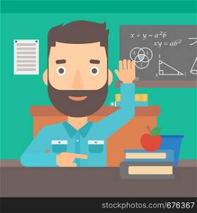 A hipster man with the beard raising his hand while sitting at the table on the background of classroom vector flat design illustration. Square layout.. Man raising his hand.