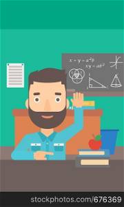 A hipster man with the beard raising his hand while sitting at the table on the background of classroom vector flat design illustration. Vertical layout.. Man raising his hand.