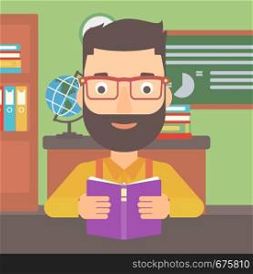 A hipster man with the beard reading a book on the background of classroom vector flat design illustration. Square layout.. Man reading book.