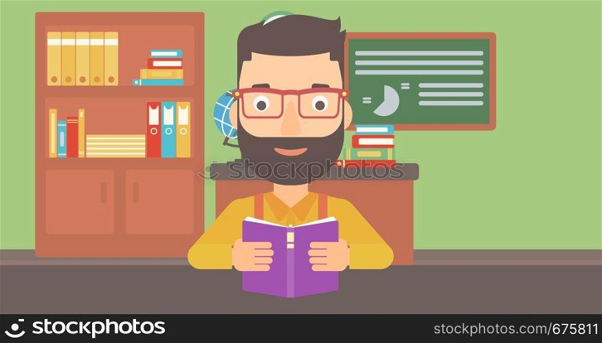 A hipster man with the beard reading a book on the background of classroom vector flat design illustration. Horizontal layout.. Man reading book.