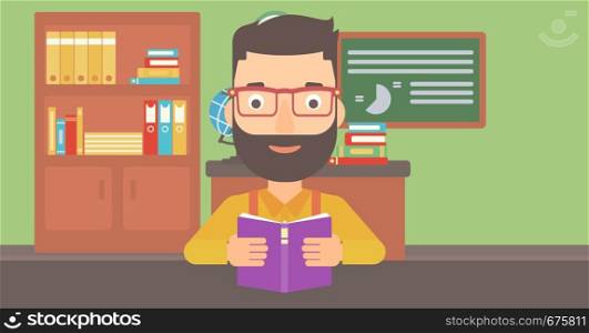 A hipster man with the beard reading a book on the background of classroom vector flat design illustration. Horizontal layout.. Man reading book.