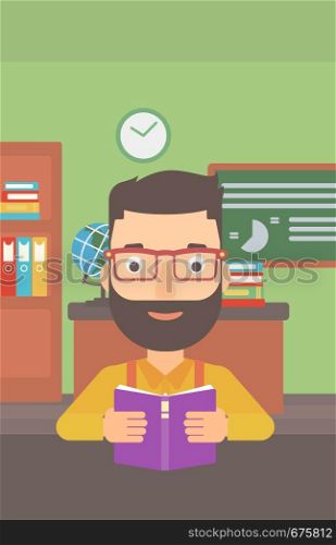 A hipster man with the beard reading a book on the background of classroom vector flat design illustration. Vertical layout.. Man reading book.