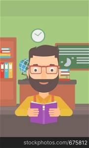 A hipster man with the beard reading a book on the background of classroom vector flat design illustration. Vertical layout.. Man reading book.