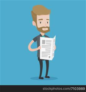 A hipster man with the beard reading the newspaper. Young smiling man reading good news. Man standing with newspaper in hands. Vector flat design illustration. Square layout.. Man reading newspaper vector illustration.