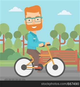 A hipster man with the beard riding a bicycle in the park vector flat design illustration. Square layout.. Man riding bicycle.