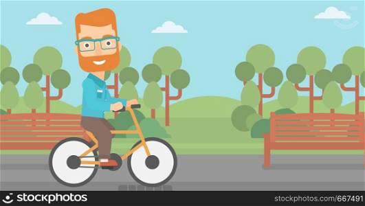 A hipster man with the beard riding a bicycle in the park vector flat design illustration. Horizontal layout.. Man riding bicycle.