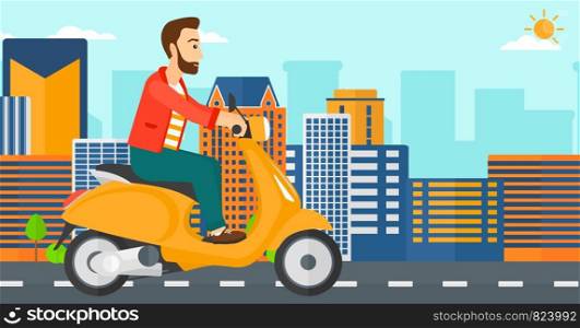A hipster man with the beard riding a scooter on a city background vector flat design illustration. Horizontal layout.. Man riding scooter.