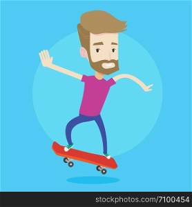 A hipster man with the beard riding a skateboard. Happy caucasian man skateboarding. Young skater riding a skateboard. Man jumping with skateboard. Vector flat design illustration. Square layout.. Man riding skateboard vector illustration.