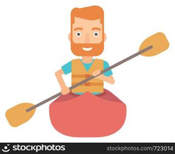 A hipster man with the beard riding in a canoe vector flat design illustration isolated on white background.. Man riding in canoe.