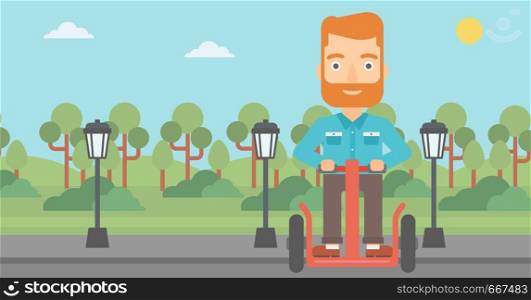A hipster man with the beard riding on electric scooter in the park vector flat design illustration. Horizontal layout.. Man riding on electric scooter.