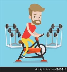 A hipster man with the beard riding stationary bicycle in the gym. Sporty man exercising on stationary training bicycle. Man training on exercise bike. Vector flat design illustration. Square layout.. Man riding stationary bicycle vector illustration.