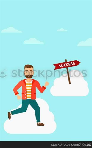 A hipster man with the beard running in the sky near direction sign success vector flat design illustration. Vertical layout.. Businessman moving to success.