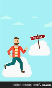 A hipster man with the beard running in the sky near direction sign success vector flat design illustration. Vertical layout.. Businessman moving to success.