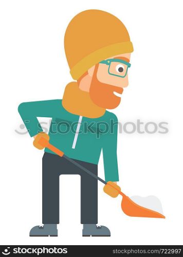 A hipster man with the beard shoveling and removing snow vector flat design illustration isolated on white background.. Man shoveling and removing snow.