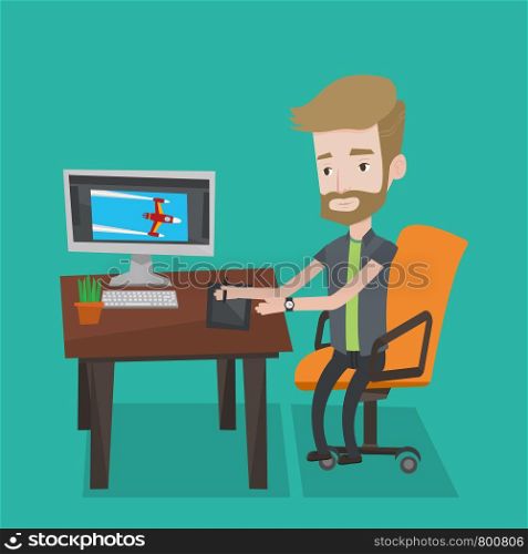 A hipster man with the beard sitting at desk and drawing on graphics tablet. Young graphic designer using a digital graphics tablet, computer and pen. Vector flat design illustration. Square layout.. Designer using digital graphics tablet.