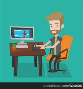 A hipster man with the beard sitting at desk and drawing on graphics tablet. Young graphic designer using a digital graphics tablet, computer and pen. Vector flat design illustration. Square layout.. Designer using digital graphics tablet.