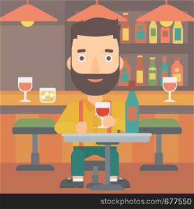 A hipster man with the beard sitting at the bar and drinking wine vector flat design illustration. Square layout.. Man sitting at bar.