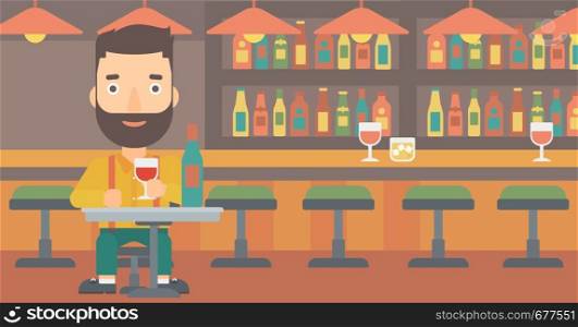 A hipster man with the beard sitting at the bar and drinking wine vector flat design illustration. Horizontal layout.. Man sitting at bar.