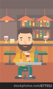 A hipster man with the beard sitting at the bar and drinking wine vector flat design illustration. Vertical layout.. Man sitting at bar.