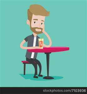 A hipster man with the beard sitting at the bar and holding cocktail glass with drinking straw. Sad man sitting alone at the bar and drinking cocktail. Vector flat design illustration. Square layout.. Man drinking cocktail at the bar.