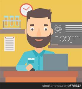 A hipster man with the beard sitting at the table and working on a laptop on the background of chemistry class vector flat design illustration. Square layout.. Man studying with laptop.
