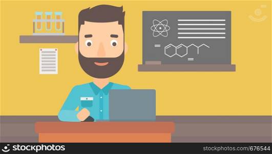 A hipster man with the beard sitting at the table and working on a laptop on the background of chemistry class vector flat design illustration. Horizontal layout.. Man studying with laptop.