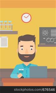 A hipster man with the beard sitting at the table and working on a laptop on the background of chemistry class vector flat design illustration. Vertical layout.. Man studying with laptop.