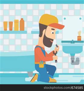 A hipster man with the beard sitting in a bathroom and repairing a sink with a spanner vector flat design illustration. Square layout.. Man repairing sink.