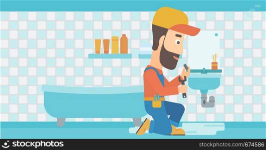 A hipster man with the beard sitting in a bathroom and repairing a sink with a spanner vector flat design illustration. Horizontal layout.. Man repairing sink.