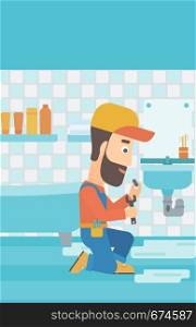 A hipster man with the beard sitting in a bathroom and repairing a sink with a spanner vector flat design illustration. Vertical layout.. Man repairing sink.